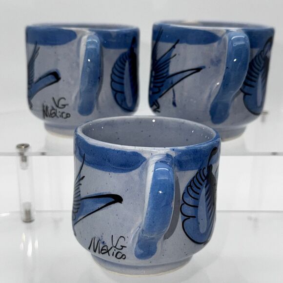 3 Mexican Tonala Pottery Blue Bird Mug Hand Painted Folk Art Mexico Signed VG - Picture 6 of 9
